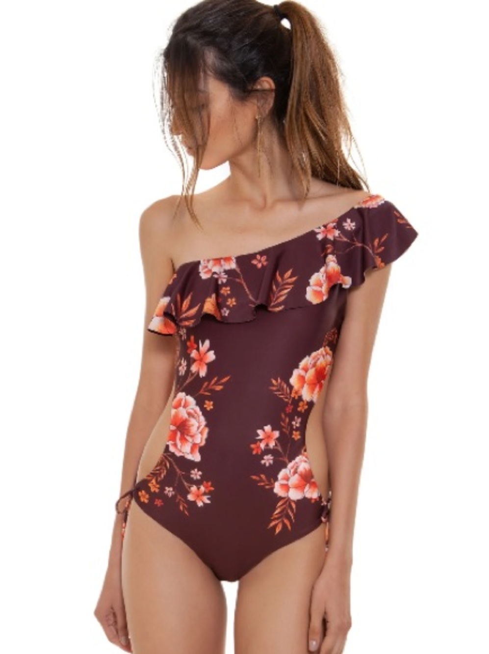 Agua Bendita brown Floral One-Shoulder Ruffle One-Piece NWOT